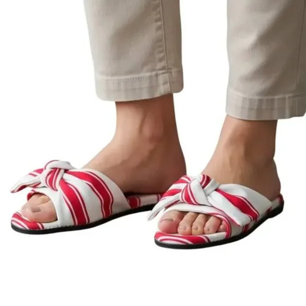 J.Crew Red Ivory Stripe Print Knot Slide Sandals, US7.5